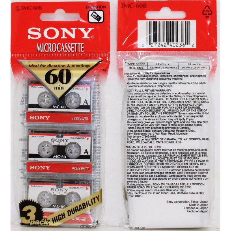 (3Packed) SONY MC60 3MC-60B Microcassette Blank Audio Tapes New Sealed Singapore