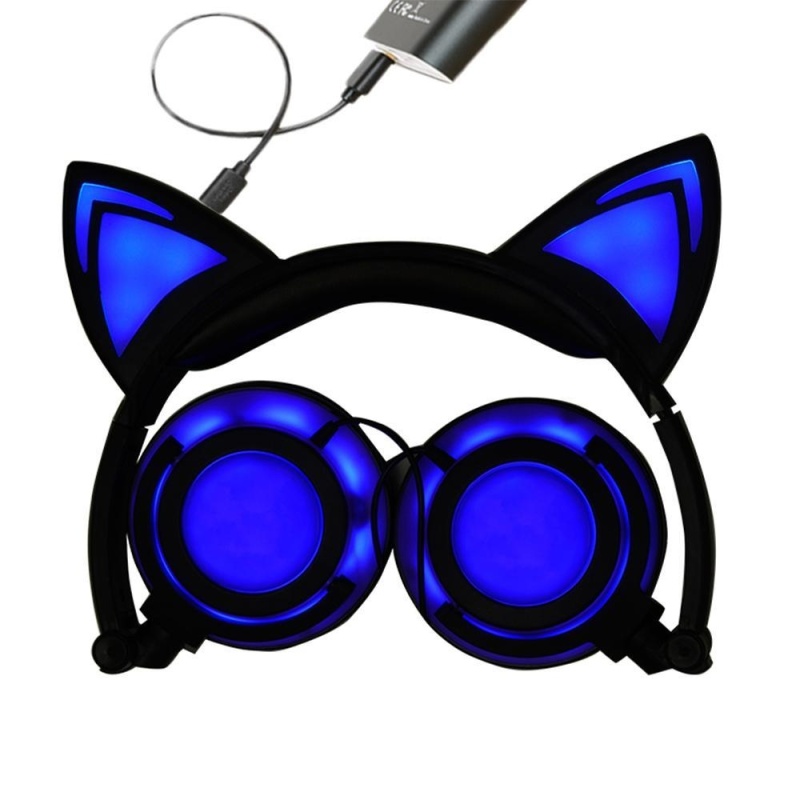 niceEshop Cat Ear Headphones Wired Over-Ear Foldable LED Gaming Flashing Lights Headset With USB Charging Computer Phone Atmosphere Earphone For Adult, Kids, Children, Girls, Boys (Blue, New Version) - intl Singapore
