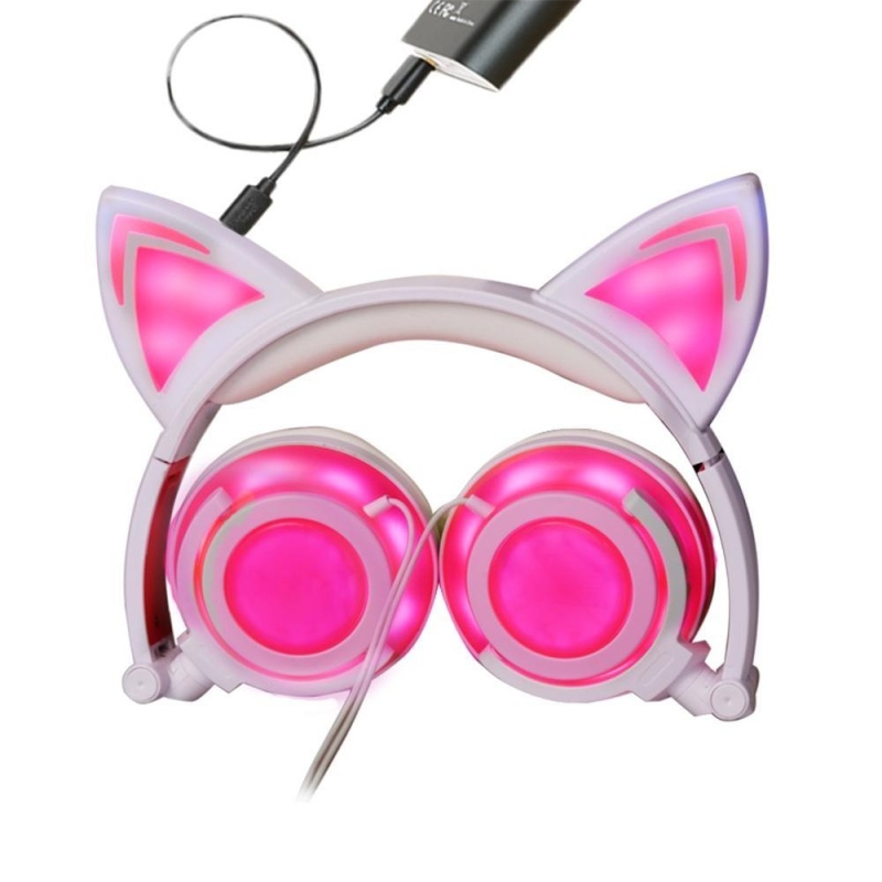 niceEshop Cat Ear Headphones Wired Over-Ear Foldable LED Gaming Flashing Lights Headset With USB Charging Computer Phone Atmosphere Earphone For Adult, Kids, Children, Girls, Boys (Pink, New Version) - intl Singapore
