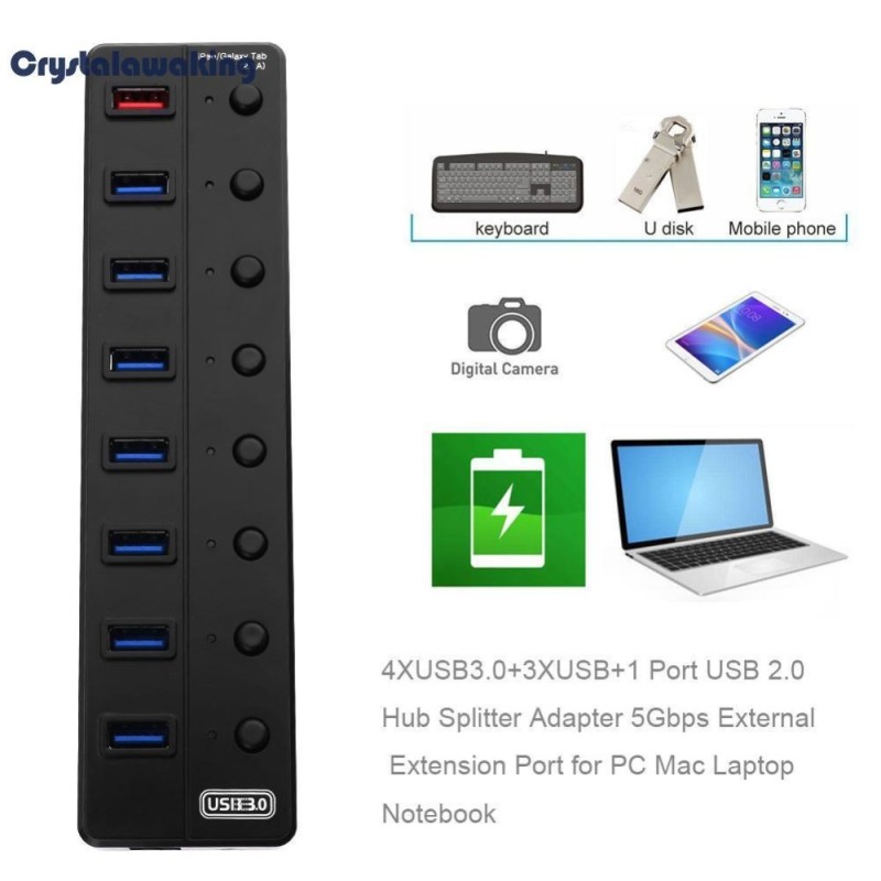 USB 3.0 Data 7 Ports Smart Charger Super Speed USB Hub+1 Port Fast Charging (Black) - intl