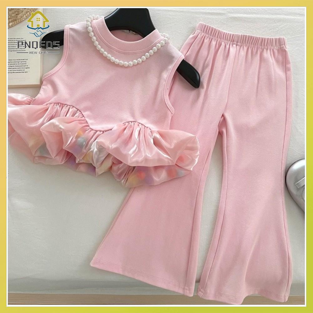 PNQFDS SHOP Ngọt ngào Bộ áo thun và quần dài Màu hồng Nối lưới Bộ 2 món Thời trang Không tay Bộ đồ công chúa cho bé gái Mùa hè