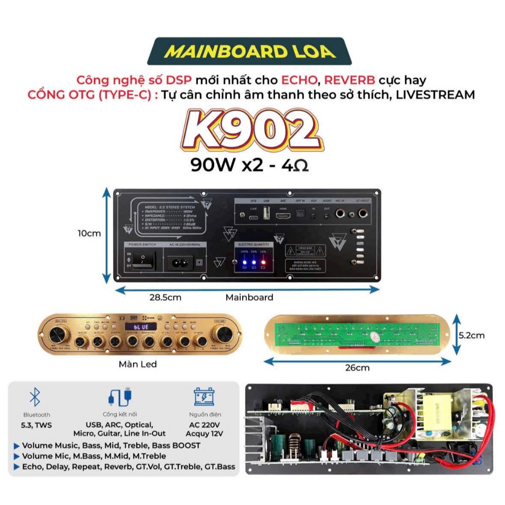  MẠCH LOA KÉO K18 ,K902 PLUS ECHO DELAY CÓ REVERB SIÊU HAY CS 180w chuyên loa xách tay 