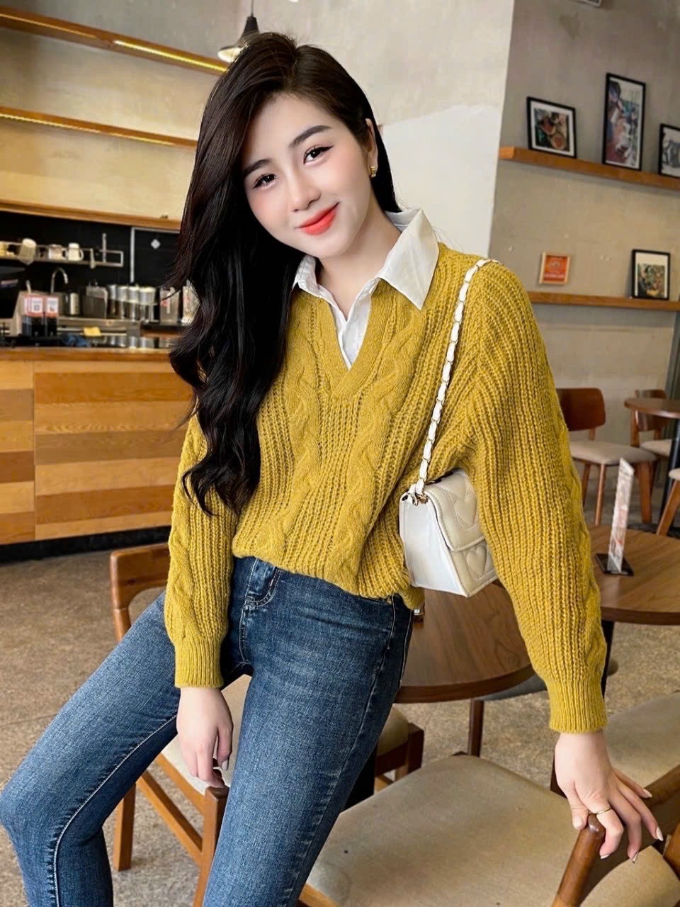 Áo len nữ tay dài phối cổ sơ mi, len dày đẹp