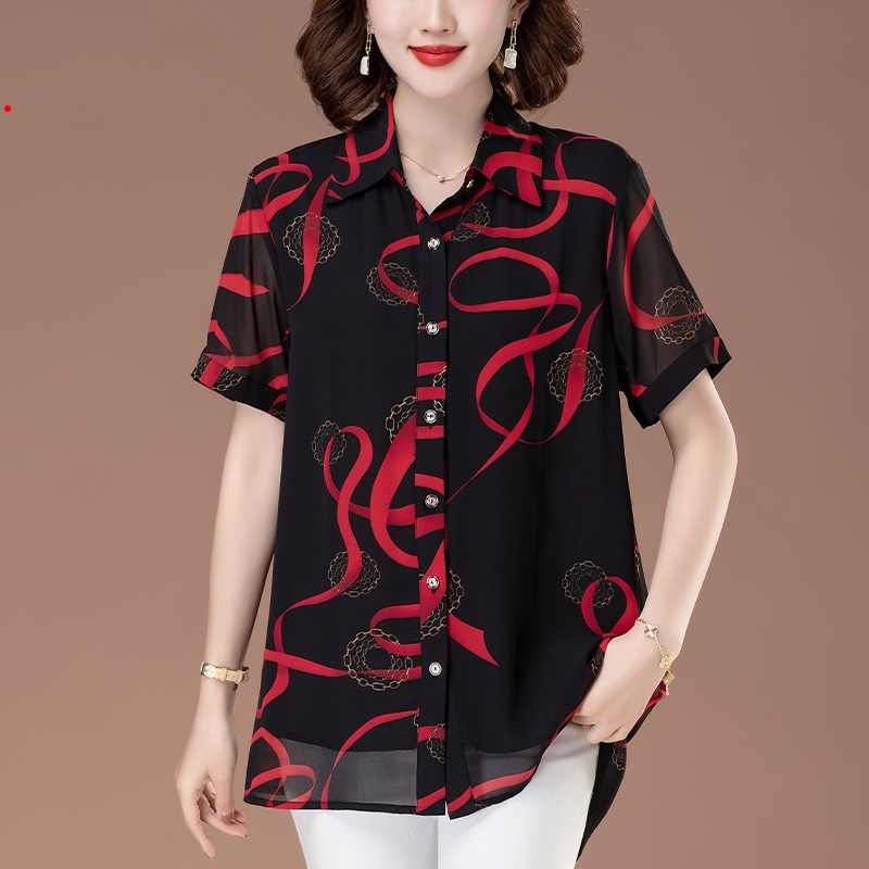{NEW} Plus Size Lapel Short Sleeve Chiffon Women's Summer New Middle-Aged Mother Belly-Covering Top Chubby Girl Loose Casual Shirt