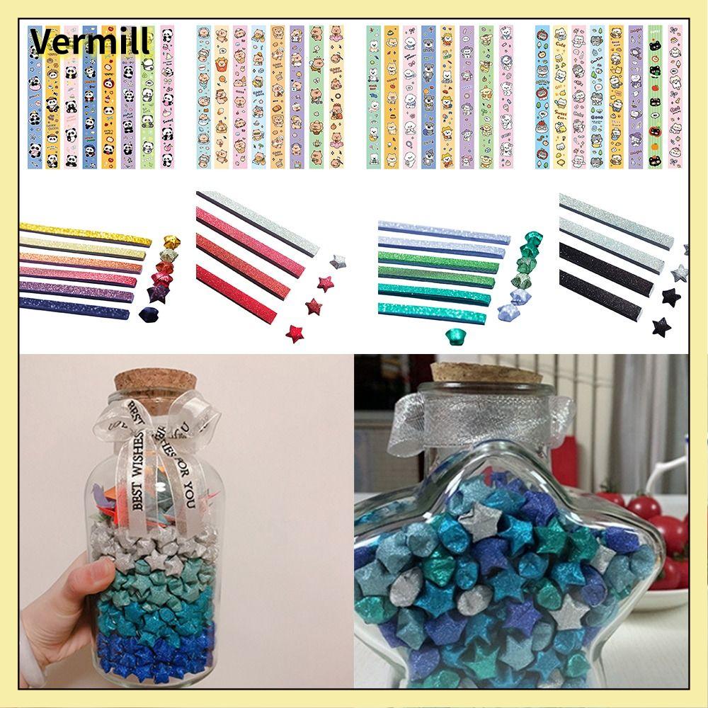 VERMILL 540 Sheets Một Giấy Origami hình sao Đầy màu sắc Phim hoạt hình Ngôi Sao May Mắn Origami Tự làm Những lời chúc tốt đẹp nhất Dải giấy sao Quà tặng cho trẻ em