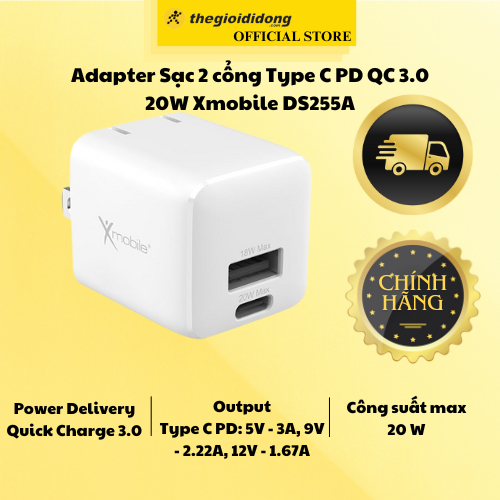 Adapter Sạc 2 cổng Type C PD Và USB QC 3.0 20W Xmobile DS255A