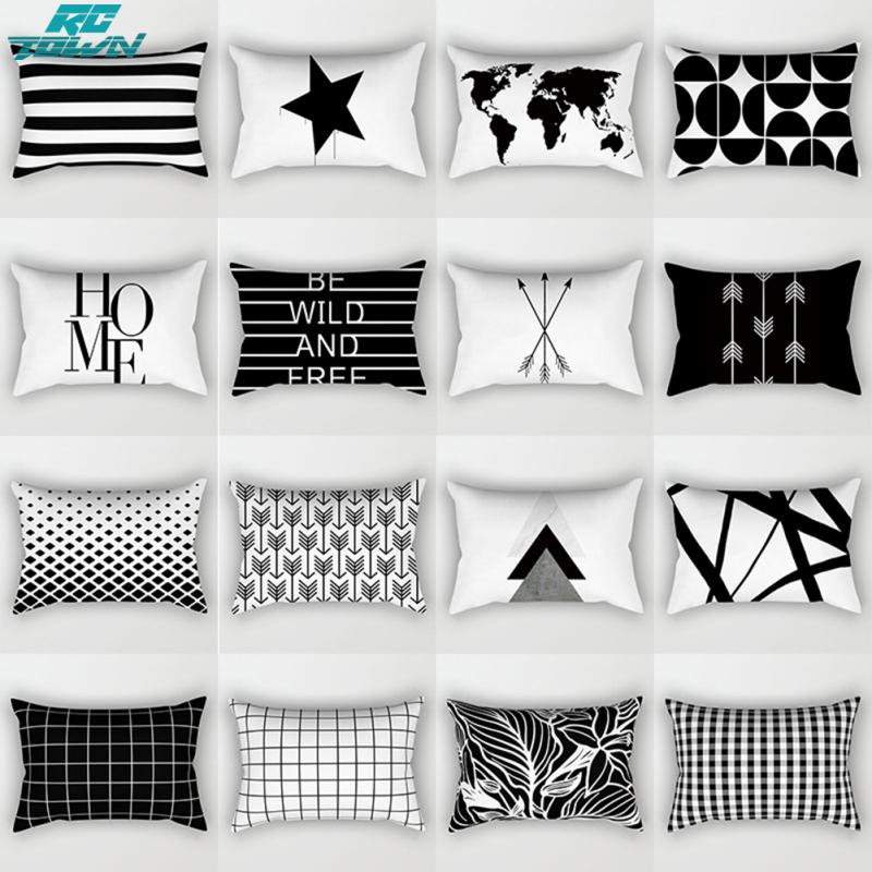 Pillowcase, Peach Skin Velvet Modern Simple Black And White Geometric Striped Pattern Sofa Cushion Cover, Soft Skin-friendly Rectangle Pillow Case 30x50cm ราคา 47 บาท*ส่งฟรี