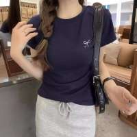 DECOSON T-shirt T-shirt short-sleeved TikTok popular womens ribbon embroidered slim fit and straight shoulder sweet and spicy style student round neck basic tops