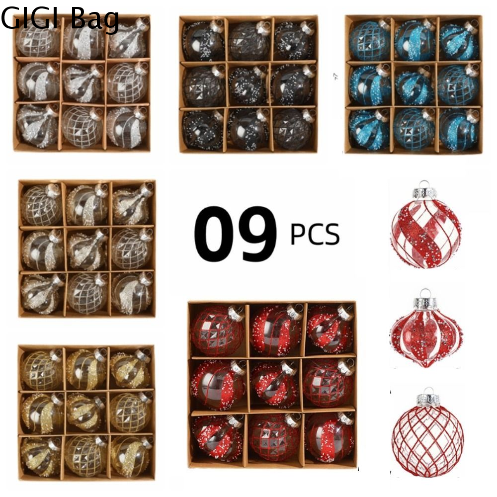 GIGI 9pcs Hoạt hình Bộ bóng giáng sinh sơn Nhựa Trong suốt Bóng treo giáng sinh mạ điện dây chuyền Cây giáng sinh Thanh lịch Trang trí cây giáng sinh vui vẻ Trang trí Giáng sinh trong nhà