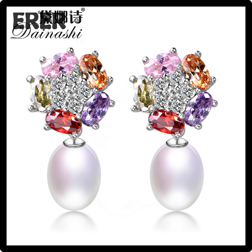 NEW∈ΩNEW Dainashi Fashion 925 Sterling Silver Colorful Zircon Drop Earrings 100% Genuine Natural Freshwater Pearl Earrings for Women