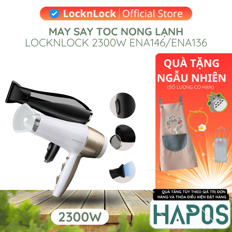 Máy sấy tóc LocknLock 3 chế độ nóng lạnh kèm đầu dẹp tạo kiểu 2000-2300W ENA146BLK ENA136WHT - HAPOS