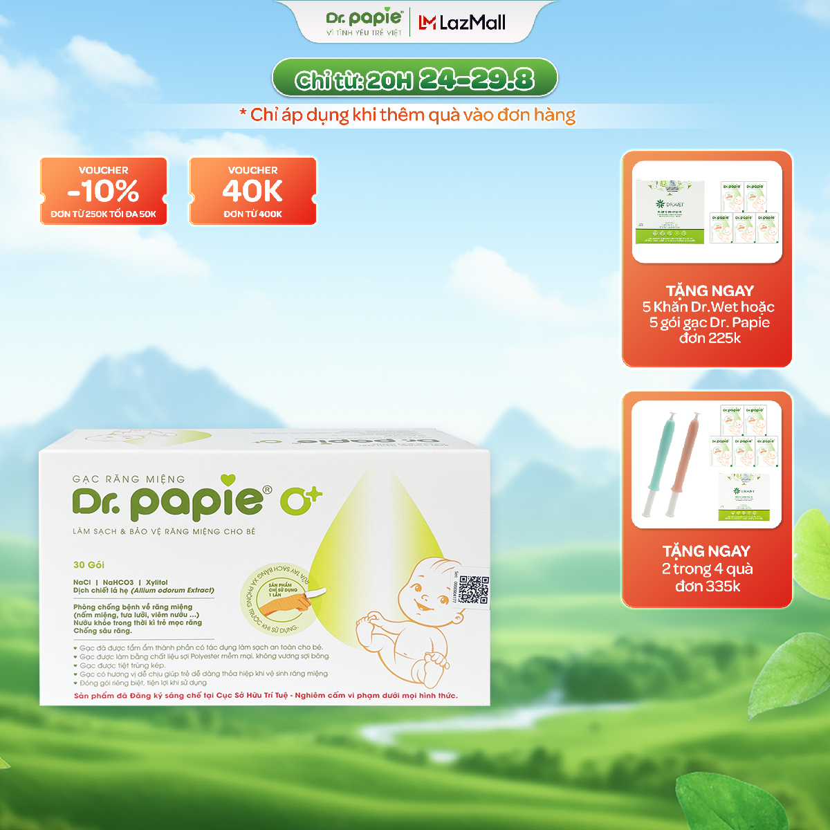 [Voucher 12% + Quà tặng] Gạc Rơ Lưỡi Tiêu Chuẩn 5SAO DR. PAPIE Làm Sạch Và Bảo Vệ Lưỡi, Nướu Và Răng Miệng Cho Bé Hộp 30 Gói