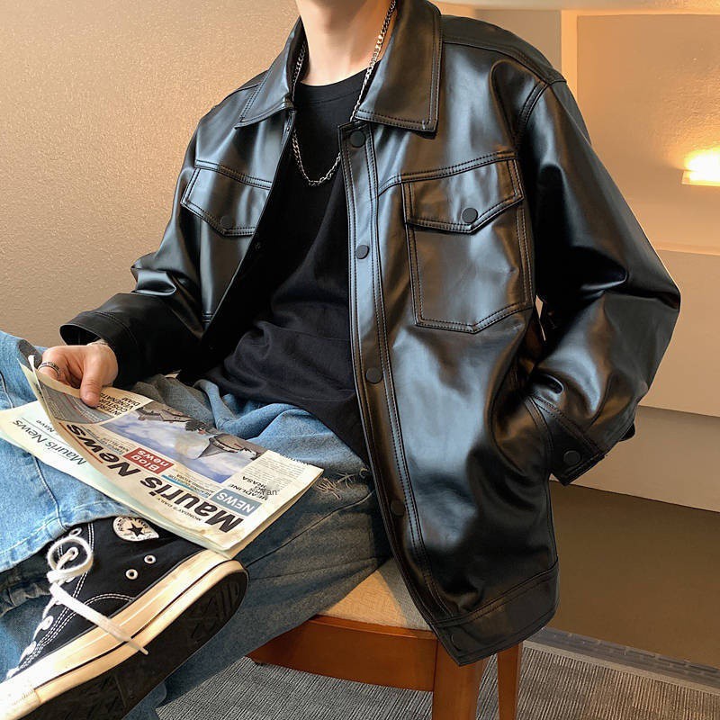 men's button down leather jacket