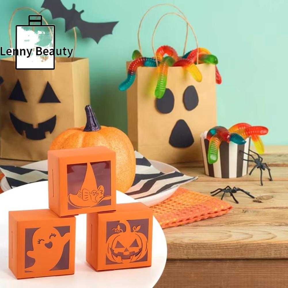 LENNY 50PCS Giấy kraft Hộp quà kẹo Halloween Hình vuông Họa tiết ma/bí ngô/nhện Hộp đóng gói kẹo Đồ dùng tiệc theo chủ đề Cửa sổ trong suốt Hộp bánh quy Tiệm bánh