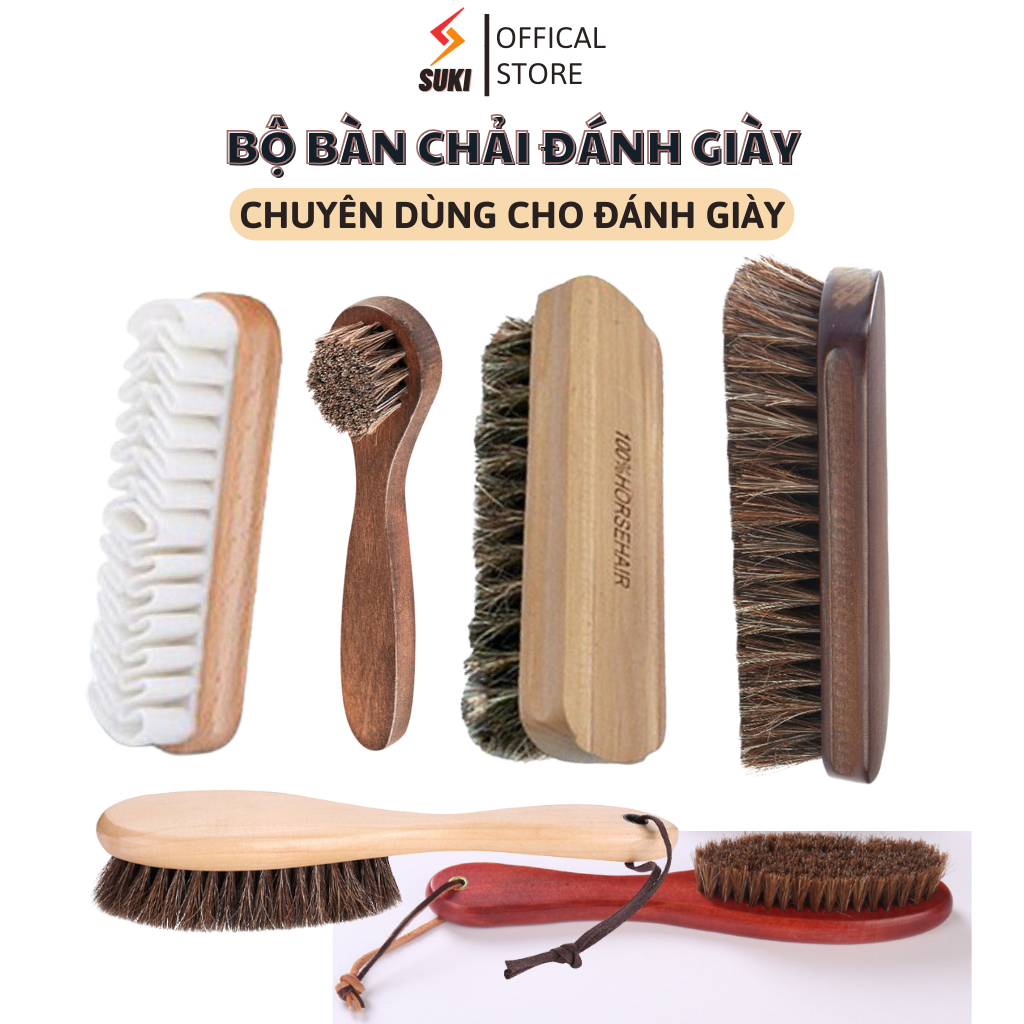 Bộ bàn chải đánh giày làm sạch, đánh bóng cho giày da và da lộn chính hãng - Chà giày da đen, da nâu, da lộn