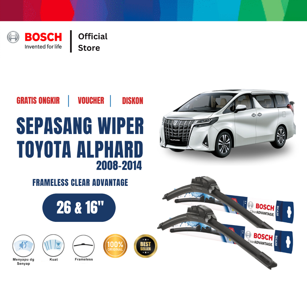 Bosch Sepasang Wiper Mobil Toyota Alphard 2008-2014 Frameless Clear Advantage 26 dan 16 Inci Harga 203,235 rupiah*Gratis Ongkir
