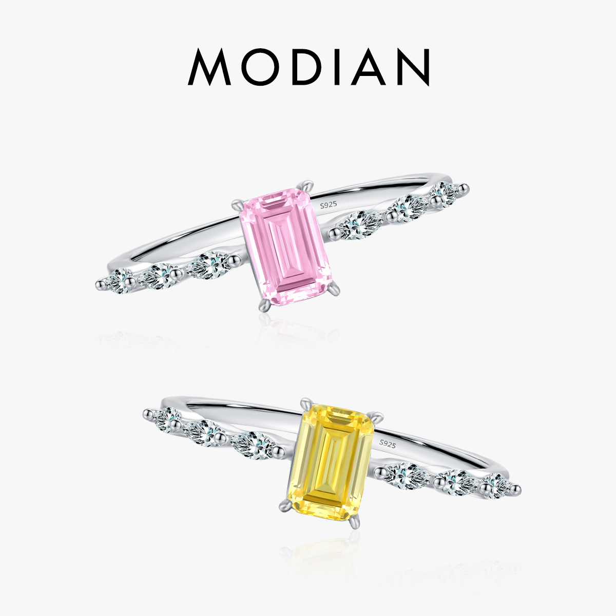 MODIAN Real 925 Sterling Silver Exquisite Sparkling Emerald Cut Pink Yellow Zirconia Ring For Women Wedding Luxury Fine Jewelry ราคา 294 บาท*ส่งฟรี