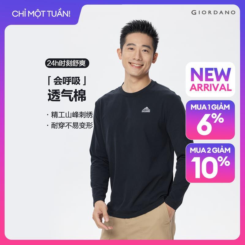 GIORDANO Men T-Shirts Mountain Peak Embroidery Tee Crewneck Long Sleeve Fashionable Casual Regular T-Shirts 13026859