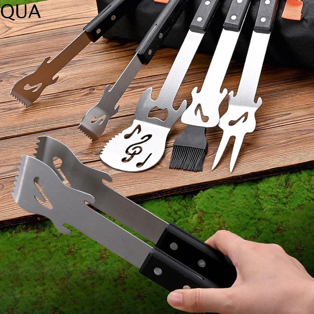 QUA Wooden Handle Grilling Tool Set Easy Draining Stainless Steel Barbecue Cutlery Kit Rust-proof Comfortable Grip BBQ Shovel Fork Clamp Outdoor Camping Harga  47 Ringgit*Penghantaran Percuma