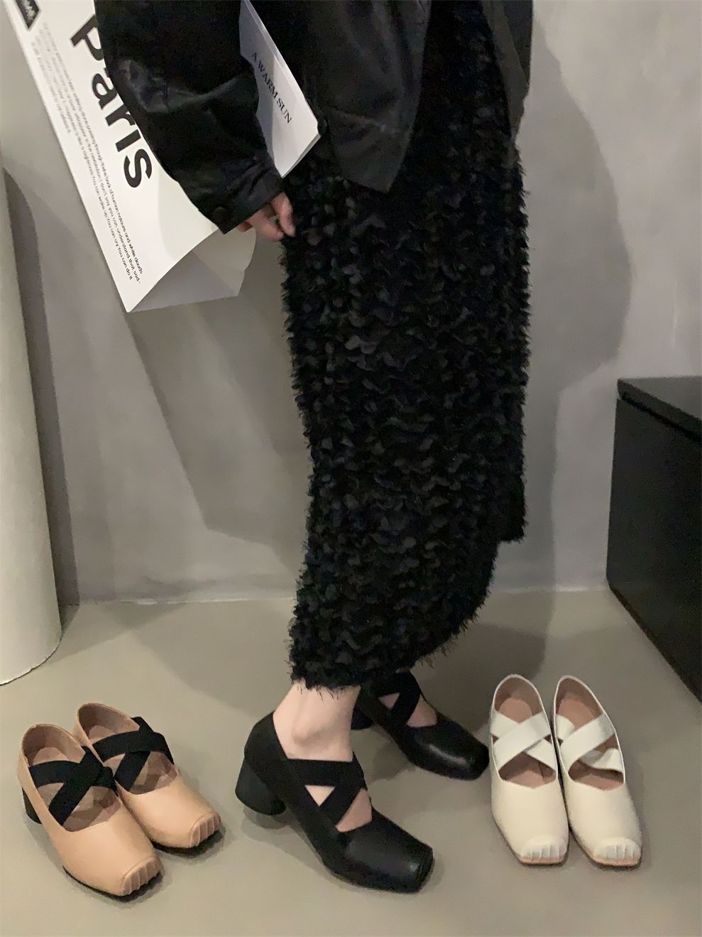 original High-end Temperament retro square toe versatile white ballet shoes shallow mouth thick heel single shoes 2023 autumn Mary Jane shoes women's shoes
