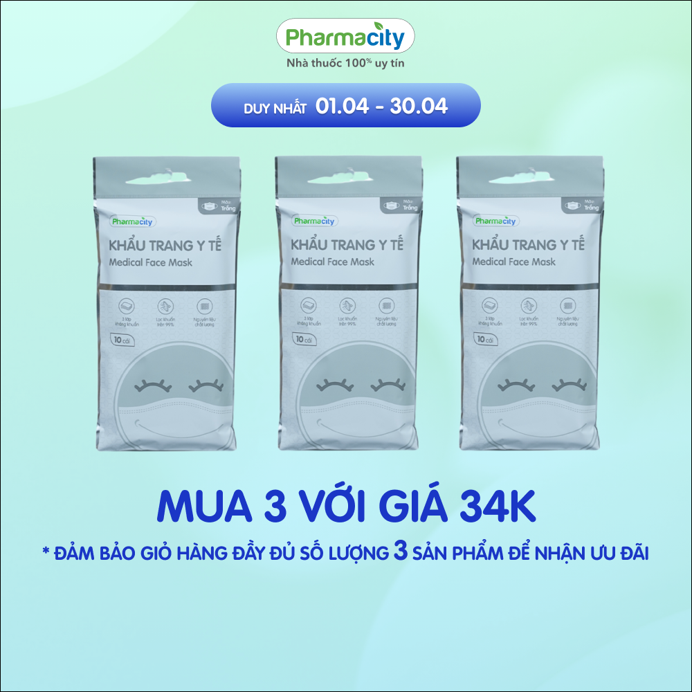 Khẩu trang y tế màu trắng Pharmacity (Gói 10 cái)
