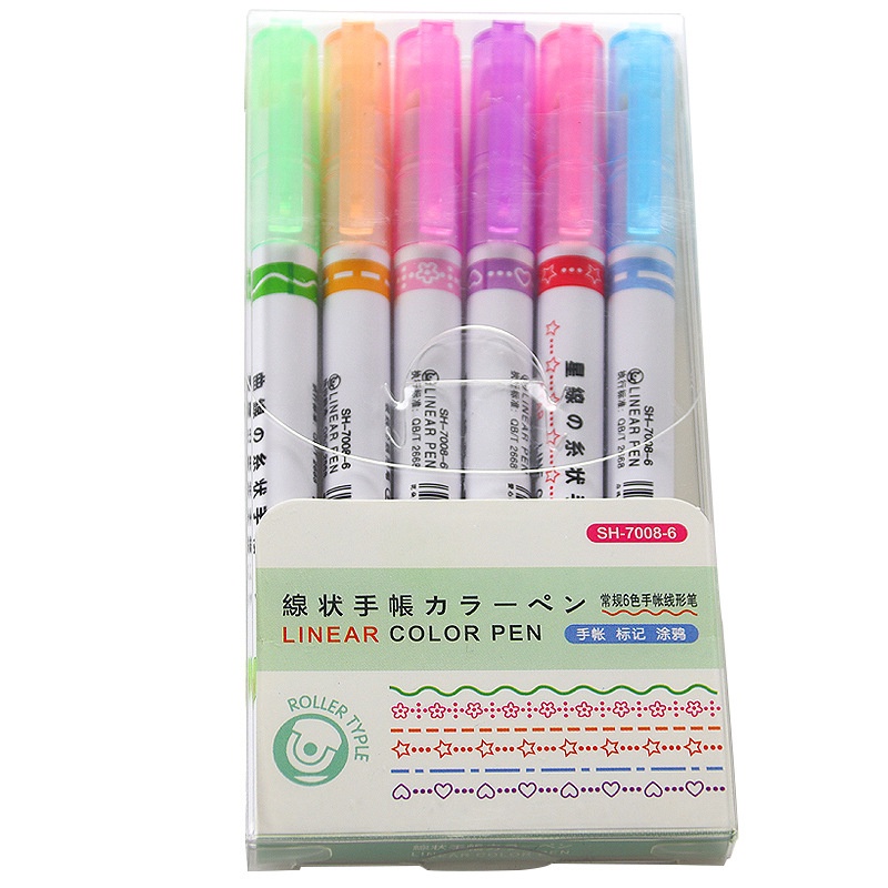 6Pcs/set of Creative Linear Fluorescent Pens Multi-color Roller Curve Pens Hand Reading Design Special Marker Pens