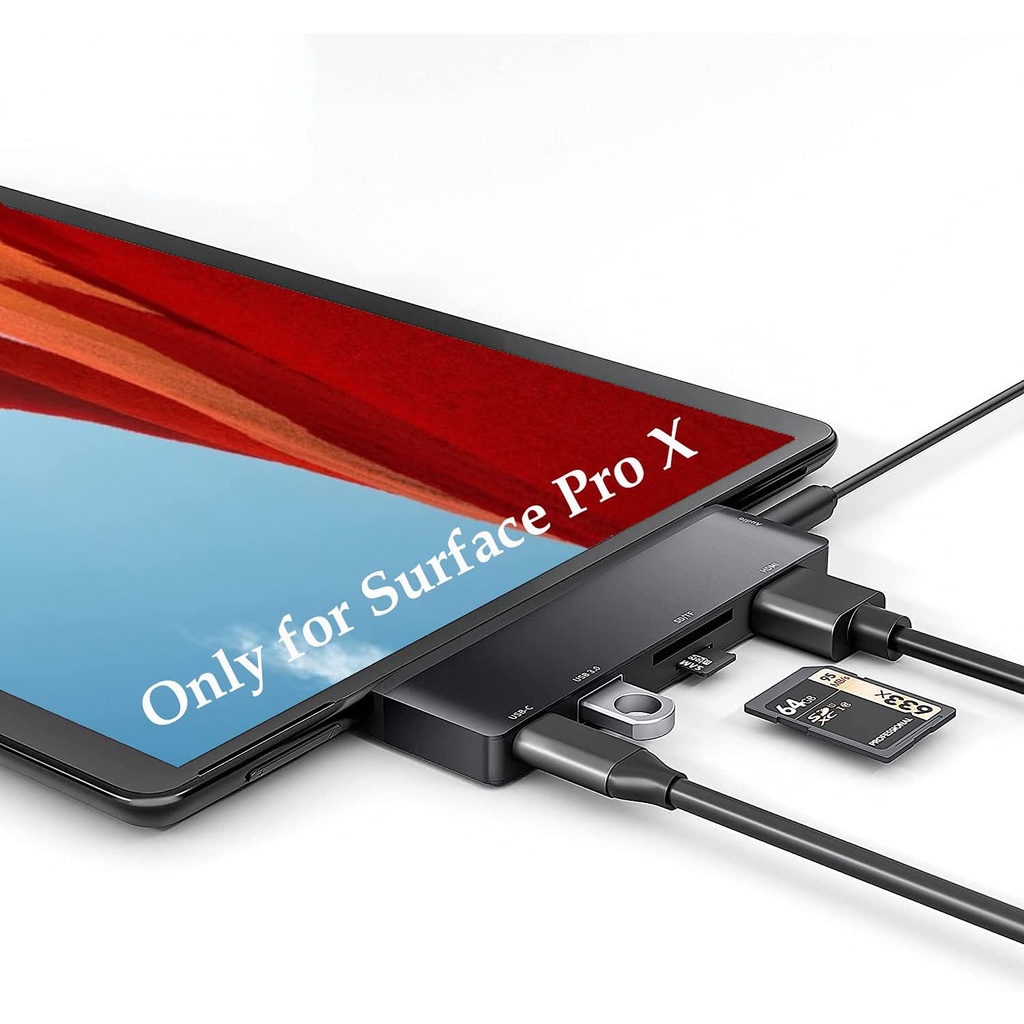 6 trong 1 Surface Pro x Hub trạm nối Microsoft Surface Pro Surface Pro x Phụ kiện Adapter Dock với 4K HDMI USB C 60W PD USB3.0 SD/TF