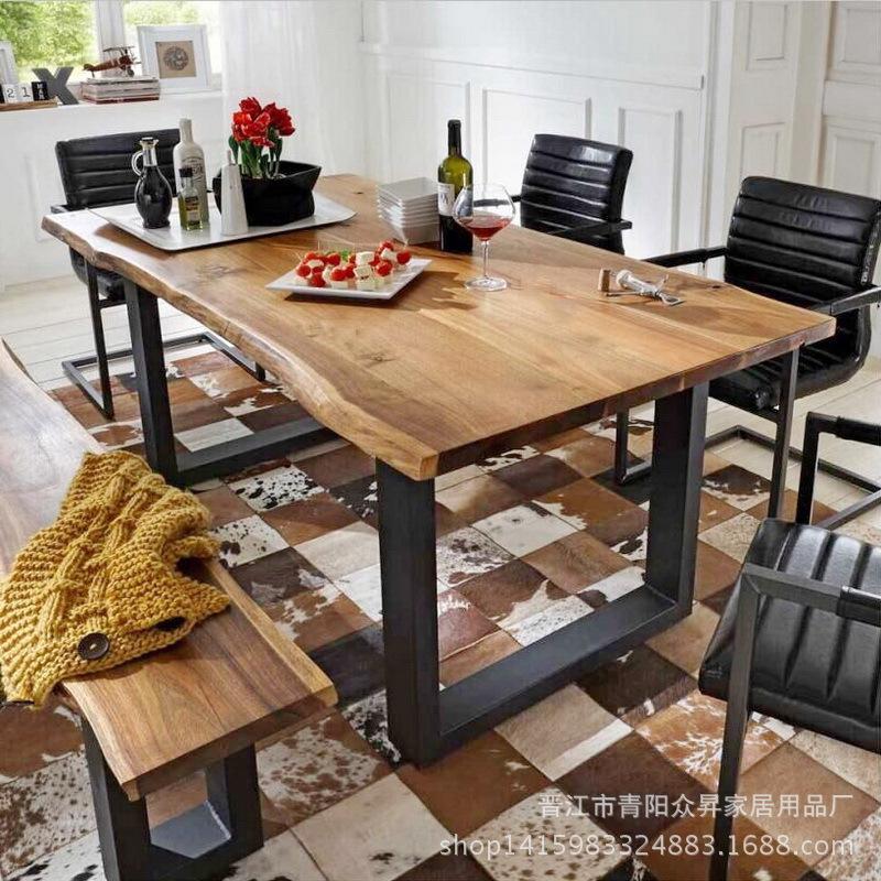 European Style Iron Art Solid Wood Furniture Restaurant Rectangular Dining Table Hotel Table Household Irregular Dining Tables And Chairs Set