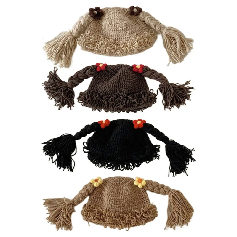 Sơ sinh nắp ca-pô Mũ mùa đông bé gái Bím Tóc Tóc Giả Mũ len đan móc Mũ Beanie cho bé gái từ 6-48 tháng tuổi