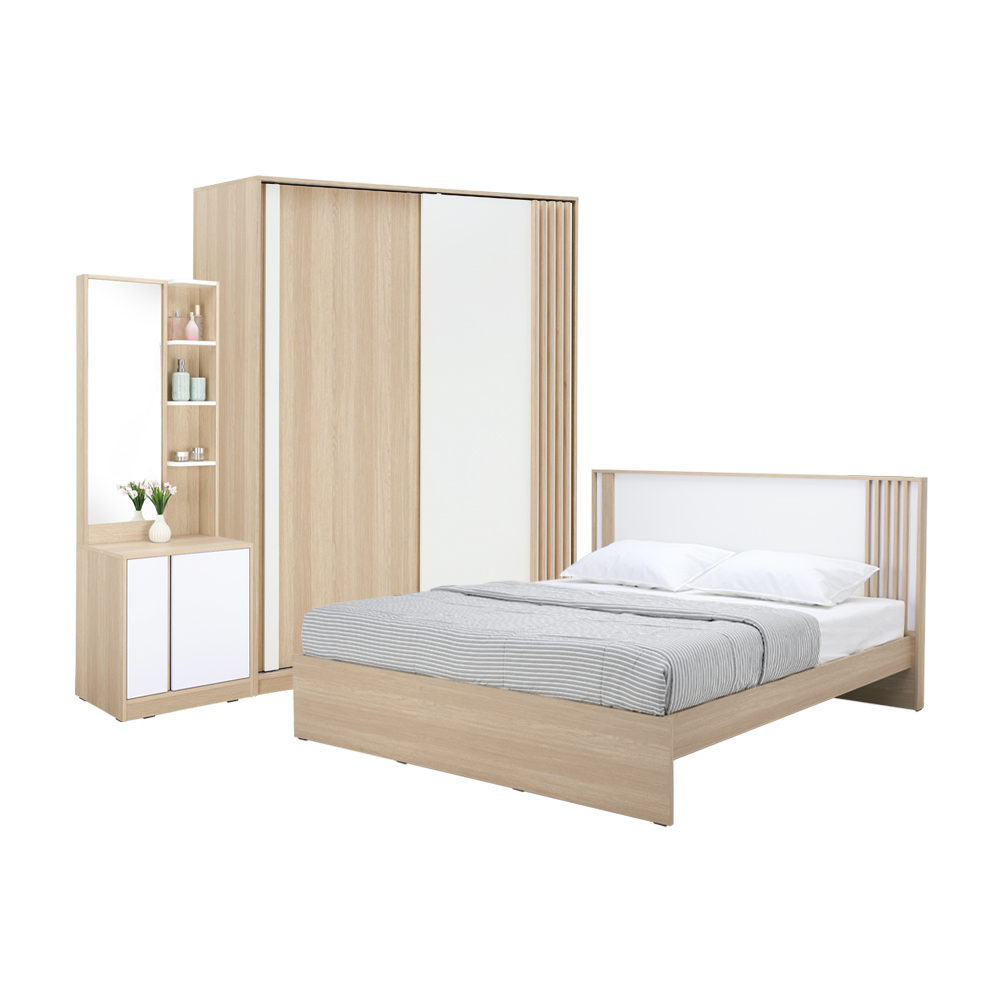 INDEX LIVING MALL ชุดห้องนอน รุ่นวาร่า+ร็อตเตอร์ดัม ขนาด ขนาด 6 ฟุต (เตียง, ตู้เสื้อผ้าบานสไลด์, โต๊ะเครื่องแป้ง) - สีเลอบาน่า โอ๊ค/ขาว ราคา 18,010 บาท*ส่งฟรี