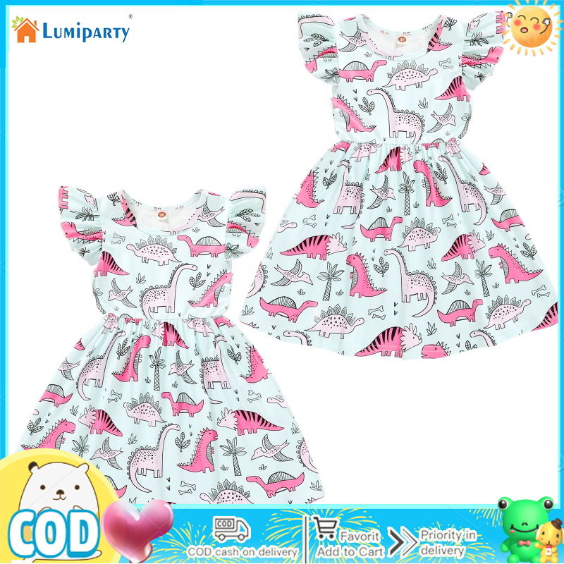 Girl Dress Dinosaur Flutter Sleeve Dresses Outfits Sundress Skirts Cotton Clothes For Toddler Baby Summer ราคา 171 บาท*ส่งฟรี