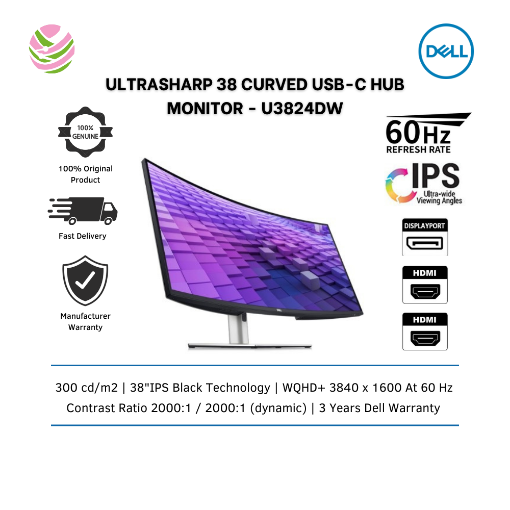 Dell UltraSharp U3824DW 38'' WQHD(3840 x 1600) 60 Hz Curved Screen WLED LCD Monitor 21:9 USB-C Hub 37.52 with IPS Black Panel Technology, 5ms Response Time, Height, Swivel, Tilt Adjustability