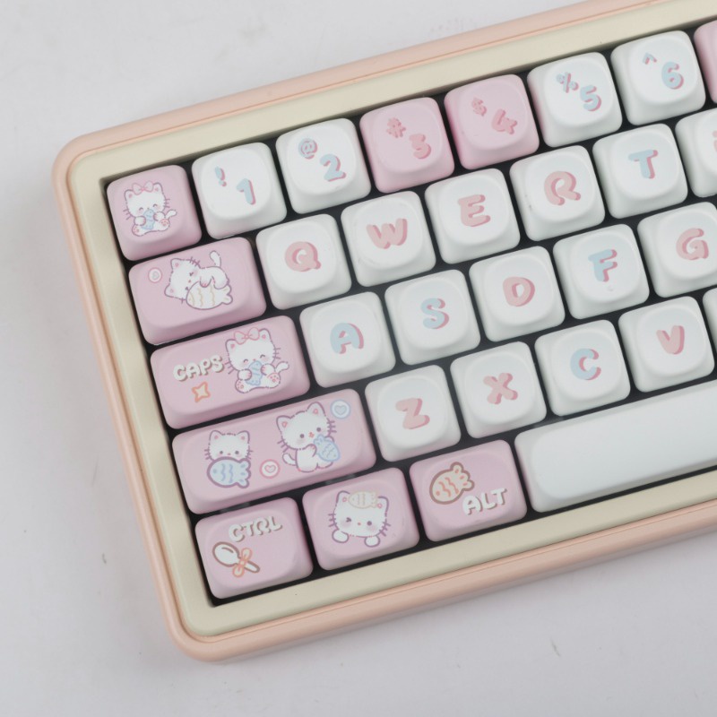 Little Cat Eating Fish Theme Mechanical Keyboard Keycap MOA Profile PBT Sublimation Cute Kitten Keycap 140 Keys Personalized Keycaps