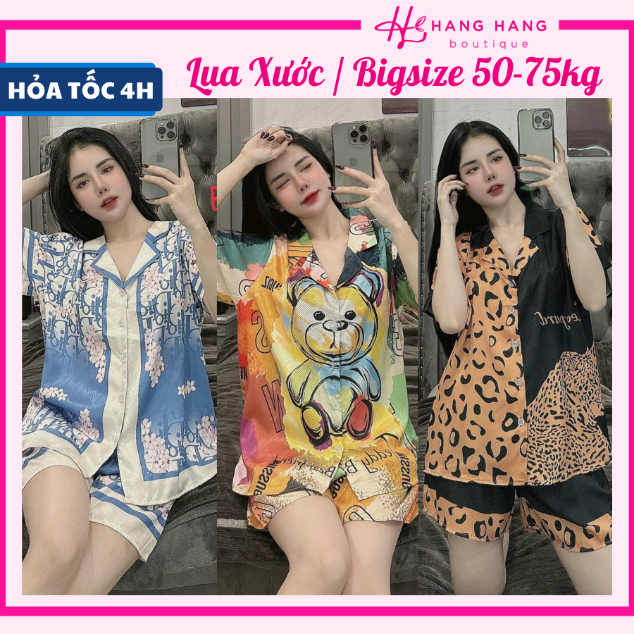 Bộ đồ ngủ bigsize 50-75kg, đồ bộ nữ pijama đùi ngắn tay lụa xước bigsize, đồ ngủ lụa mặc nhà cute thiết kế sang chảnh