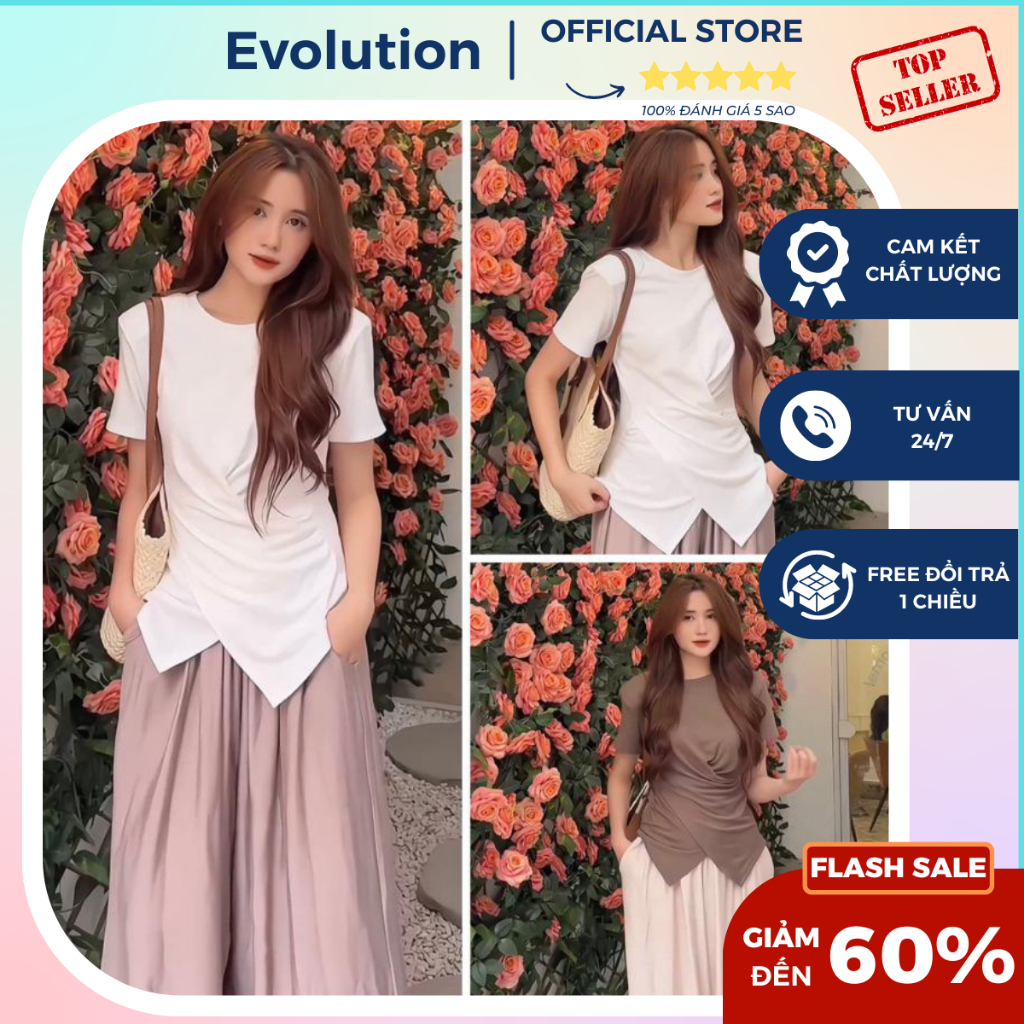 Áo thun nữ tay ngắn, nhúm eo vạt chéo, cổ tròn có đệm vai - chất liệu bozip evo-006