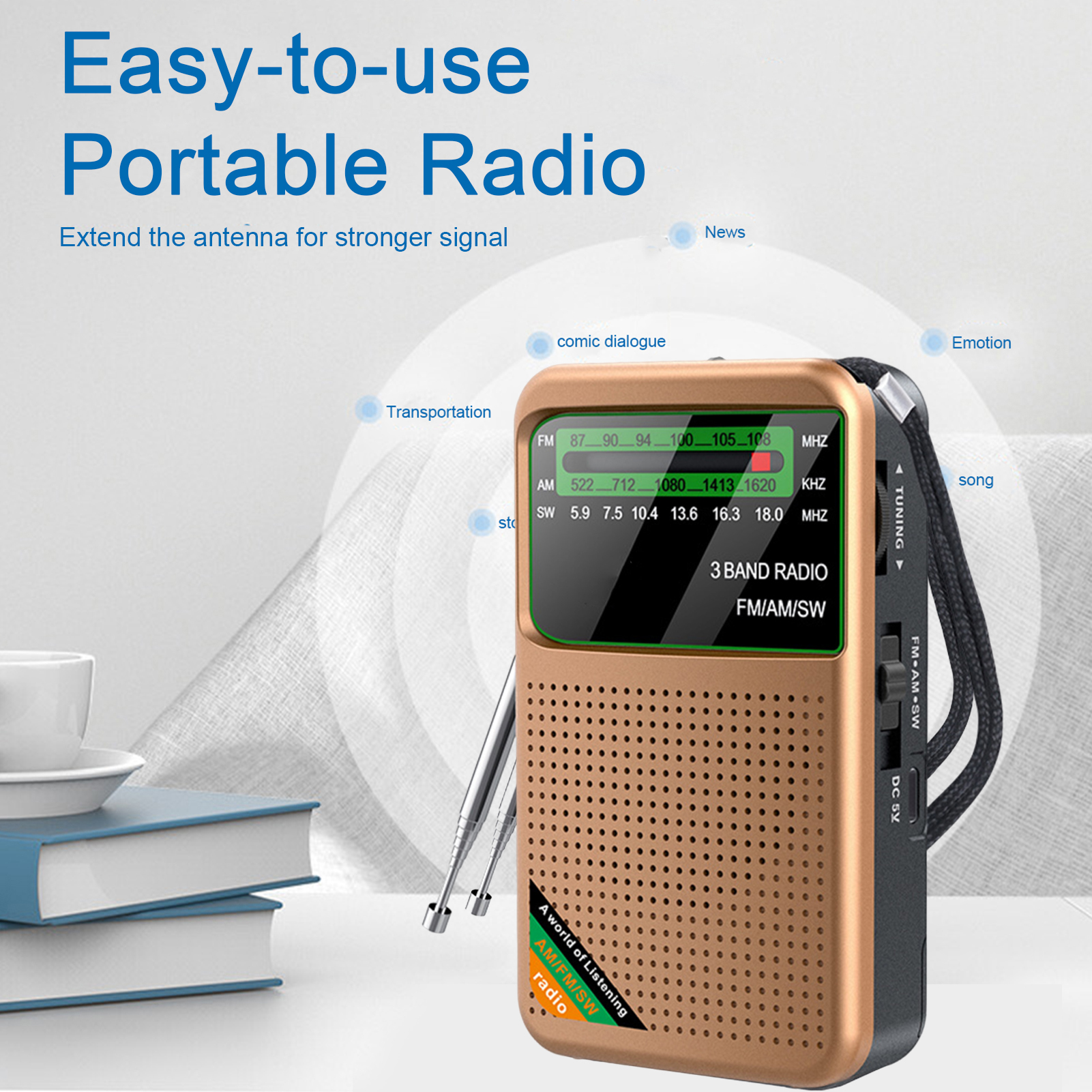 Portable Radio Am Fm Radio Portable Am/fm/sw Pocket Radio with Stereo Speaker Compact Design Battery Operated 3.5mm Earphone Jack Ideal for Travel and Outdoor Use