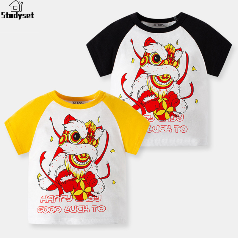Studyset IN stock Boys Short Sleeves T-shirt Chinese Style Lion Dance Printing Round Neck Tops For 2-8 Years Old Kids ราคา 138 บาท*ส่งฟรี