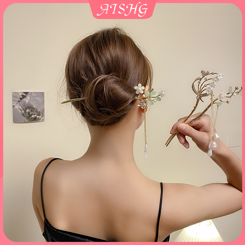 AISHG Alloy Flower Tassel Hairpin Women s Chinese Style Elegant Luxury