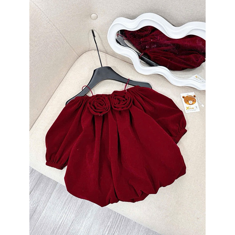 Váy đầm bé gái CS674 váy nhung đỏ noel trễ vai 2 hoa cho bé gái mặc noel tết