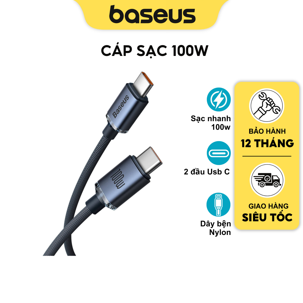 Cáp sạc nhanh typec to typec 100w baseus crystal shine qc 4.0 dây bọc dù chống gẫy gập