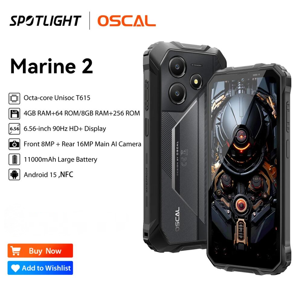 OSCAL Marine 2 Rugged Phone 11000mAh, 6.56'' HD+ Display Unisoc T615, Up to 24(8+16)GB RAM 256GB, Android 15 NFC Smartphone ราคา 4,980 บาท*ส่งฟรี