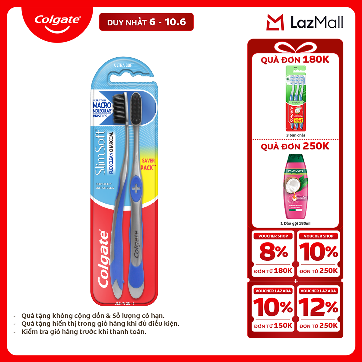 [Chỉ 6-10.6_X2 Voucher giảm 22%] Bộ 4 bàn chải Colgate Slimsoft Flex Clean Charcoal nguyên khối than hoạt tính kháng vi khuẩn