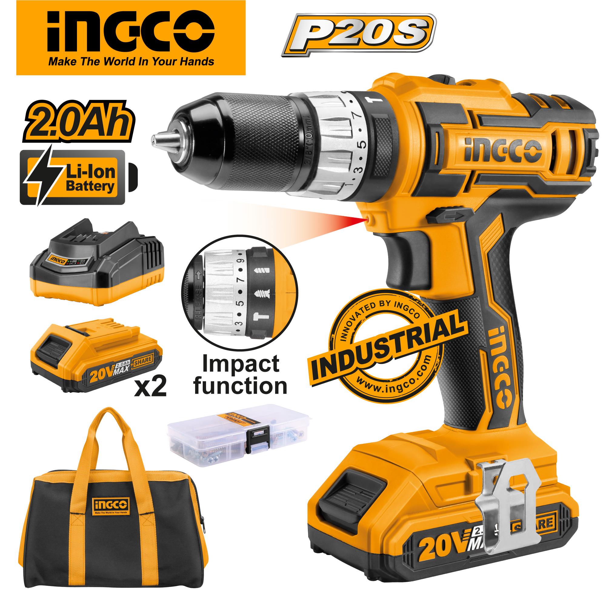 INGCO P20S Tools 20V 2.0Ah Lithium-Ion Impact Drill CIDLI2002 with 2pcs Battery Pack, 1pc 1Hr Charger