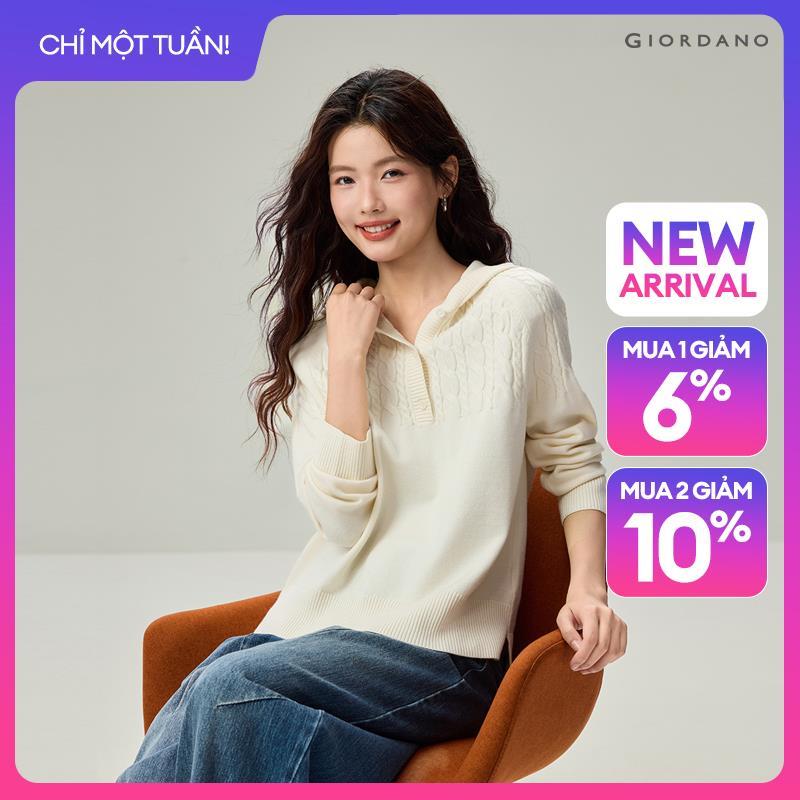 GIORDANO Women Sweaters Cable Knit Hooded Sweaters Half Button Placket Raglan Sleeve Fashionable Casual Sweaters 13356647