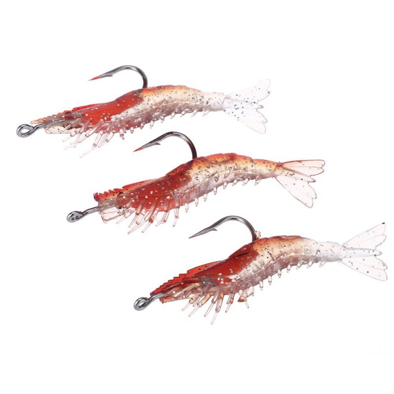 3Pcs 6cm/3g Artificial Fishing Lure Shrimp Prawn Soft Bait Fishing Tackle Noctilucent Lifelike with Hook Red