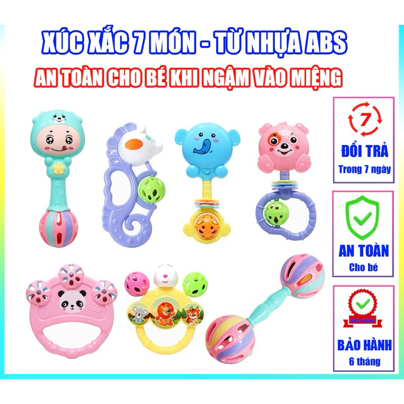 Bộ đồ chơi xúc sắc 7 món, lục lạc ,nhiều màu sắc cho bé có âm thanh vui nhộn, chất liệu nhựa ABS.