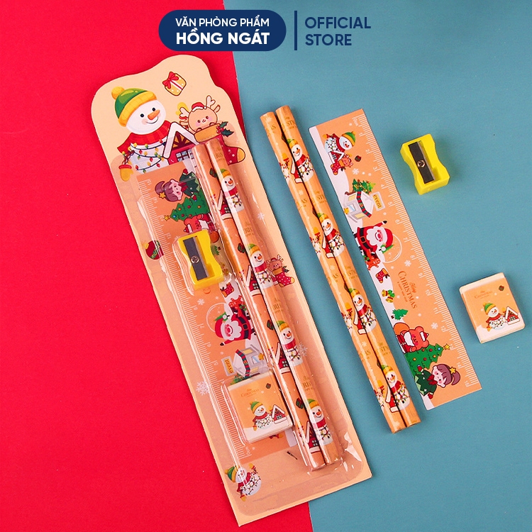 Bộ dụng cụ học tập 5 chi tiết chủ đề giáng sinh đồ dùng học tập dễ thương cute giá rẻ làm quà noel c