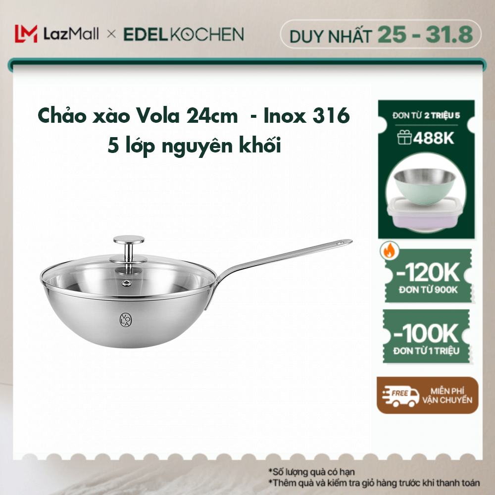 Chảo xào inox 316 - 5 lớp nguyên khối cao cấp Edelkochen Vola Collection 24 cm