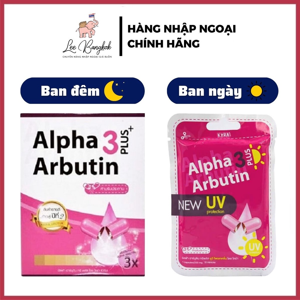 Vỉ 10 Viên Bột Kích Trắng Kyra Alpha Arbutin 3 Plus Đêm, Ngày UV Giúp Da Trắng Mịn Hàng Thái Lan Chính Hãng