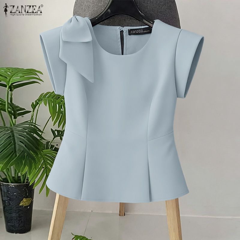 ZANZEA Women Summer Office O-Neck Short Sleeve Blouses Collect Waist Bowknot Plain Top #0720 ราคา 354 บาท*ส่งฟรี